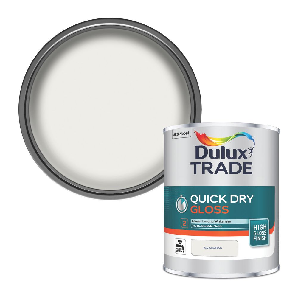 Image of Dulux Trade High Gloss Pure Brilliant White Trim Quick-Dry Paint 1Ltr 