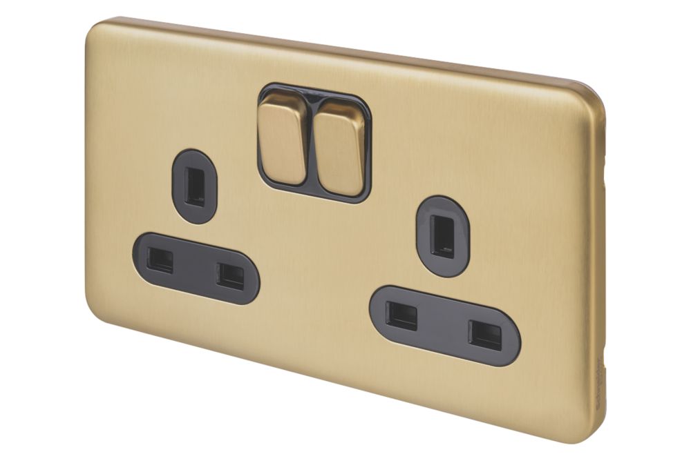 Image of Schneider Electric Lisse Deco 13A 2-Gang DP Switched Plug Socket Satin Brass with Black Inserts 