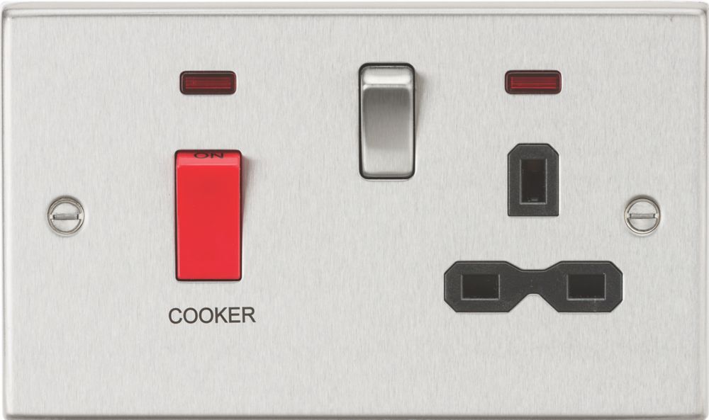 Image of Knightsbridge 45 & 13A 2-Gang DP Cooker Switch & 13A DP Switched Socket Brushed Chrome with LED with Black Inserts 