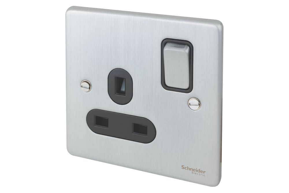 Image of Schneider Electric Ultimate Low Profile 13A 1-Gang SP Switched Plug Socket Brushed Chrome with Black Inserts 