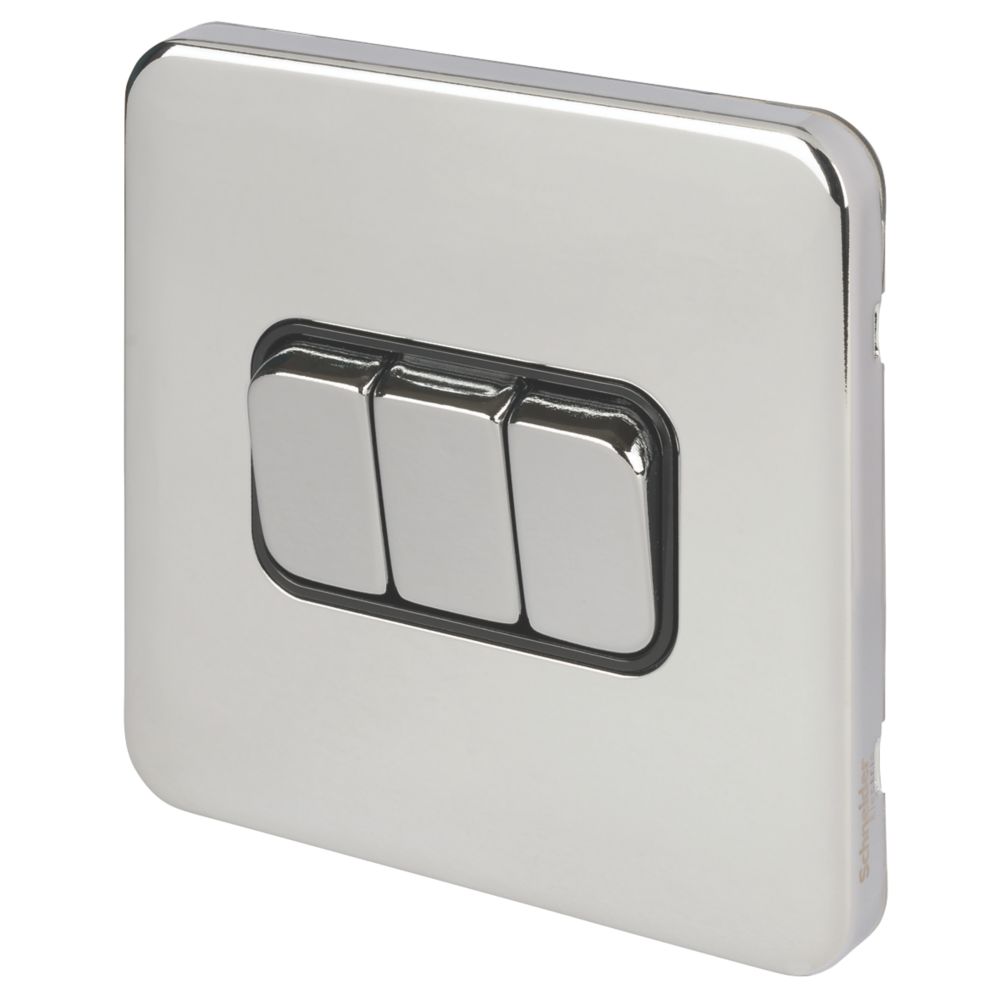 Image of Schneider Electric Lisse Deco 10AX 3-Gang 2-Way Light Switch Polished Chrome with Black Inserts 