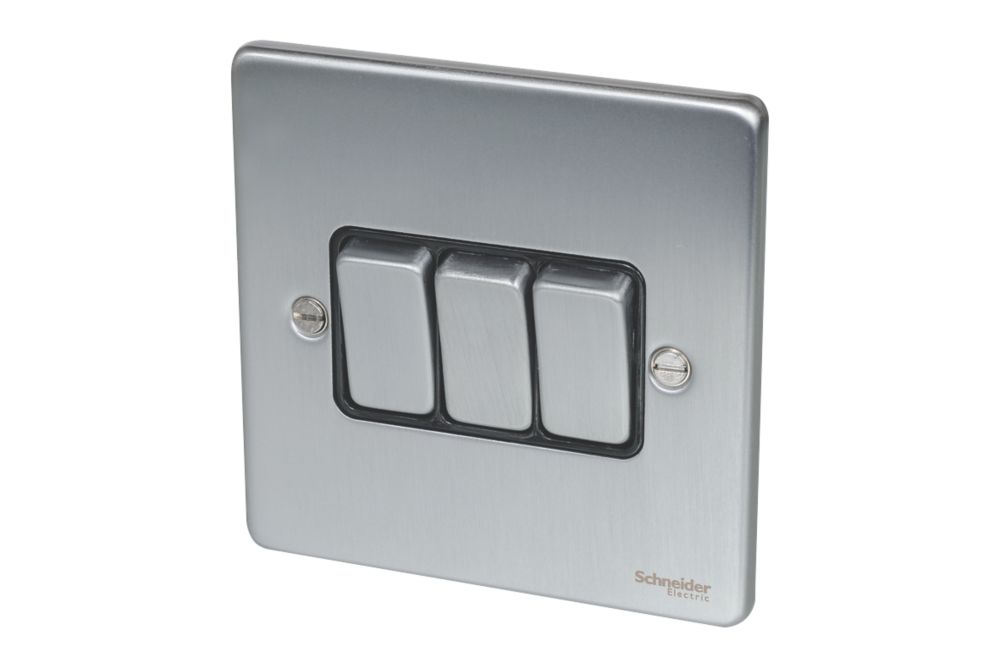 Image of Schneider Electric Ultimate Low Profile 16AX 3-Gang 2-Way Light Switch Brushed Chrome with Black Inserts 