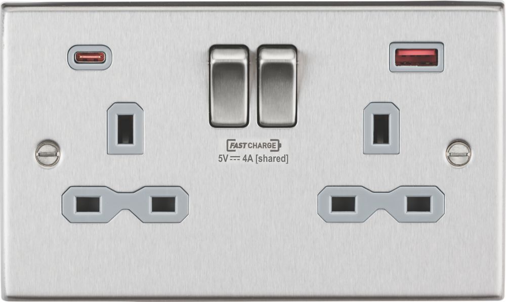 Image of Knightsbridge 13A 2-Gang DP Switched Socket + 4.0A 2-Outlet Type A & C USB Charger Brushed Chrome with Colour-Matched Inserts 