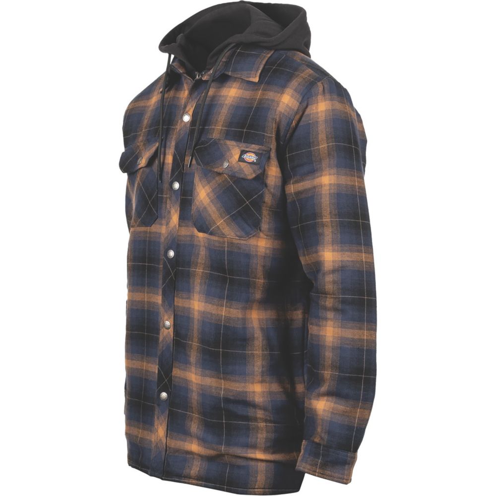 Image of Dickies Hood Flannel Shirt Fleece Navy/Brown Medium 39" Chest 
