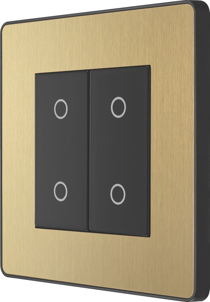 Image of British General Evolve 2-Gang 2-Way LED Double Secondary Touch Trailing Edge Dimmer Switch Satin Brass with Black Inserts 