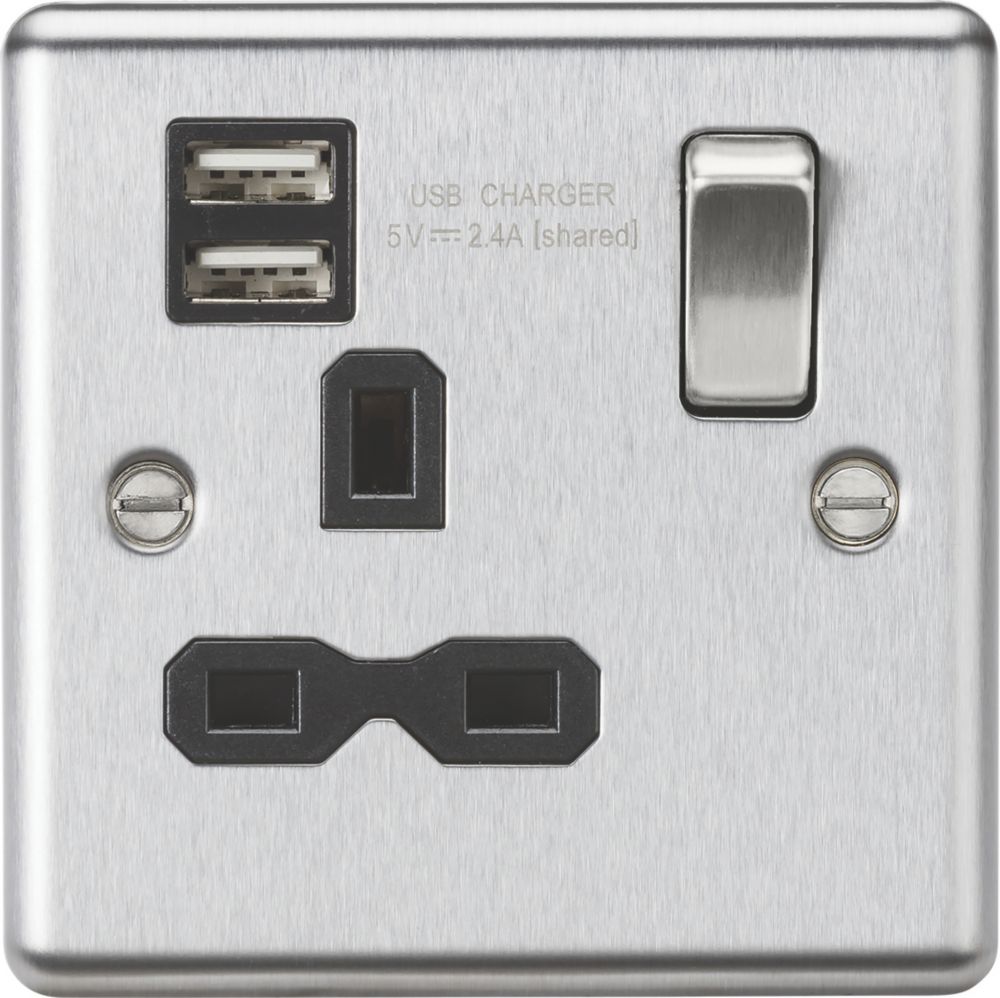 Image of Knightsbridge 13A 1-Gang SP Switched Socket + 2.4A 2-Outlet Type A USB Charger Brushed Chrome with Black Inserts 