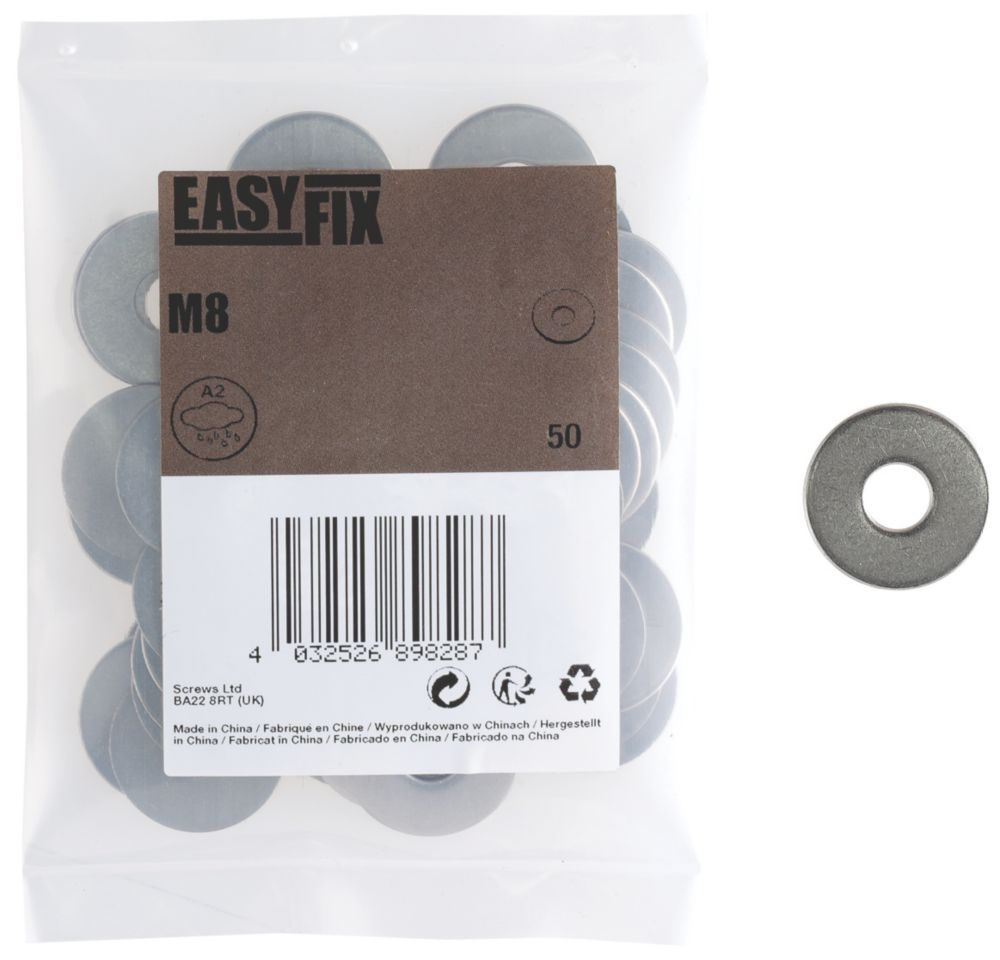 Image of Easyfix A2 Stainless Steel Washers M8 x 1.4mm 50 Pack 