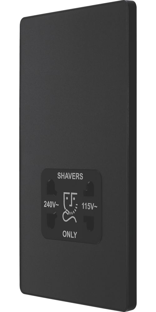Image of British General Evolve 2-Gang Dual Voltage Shaver Socket 115/240V Matt Black with Black Inserts 