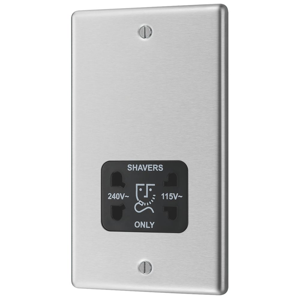 Image of LAP 2-Gang Dual Voltage Shaver Socket 115 / 230V Brushed Stainless Steel with Black Inserts 
