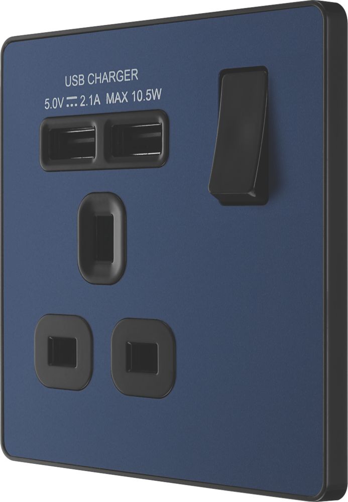 Image of British General Evolve 13A 1-Gang SP Switched Socket + 2.1A 2-Outlet Type A USB Charger Blue with Black Inserts 