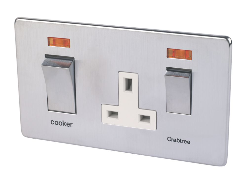 Image of Crabtree Platinum 45 A & 13A 2-Gang DP Cooker Switch & 13A DP Switched Socket Satin Chrome with Neon with White Inserts 