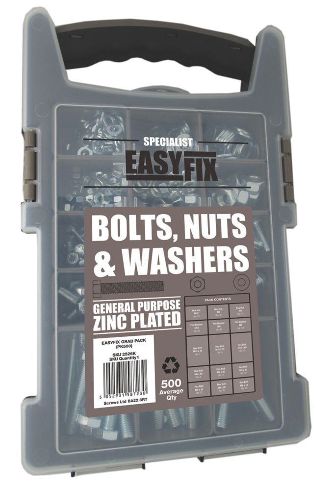 Image of Easyfix Bright Zinc-Plated Mixed Bolts, Nuts & Washers Pack 500 Piece Set 