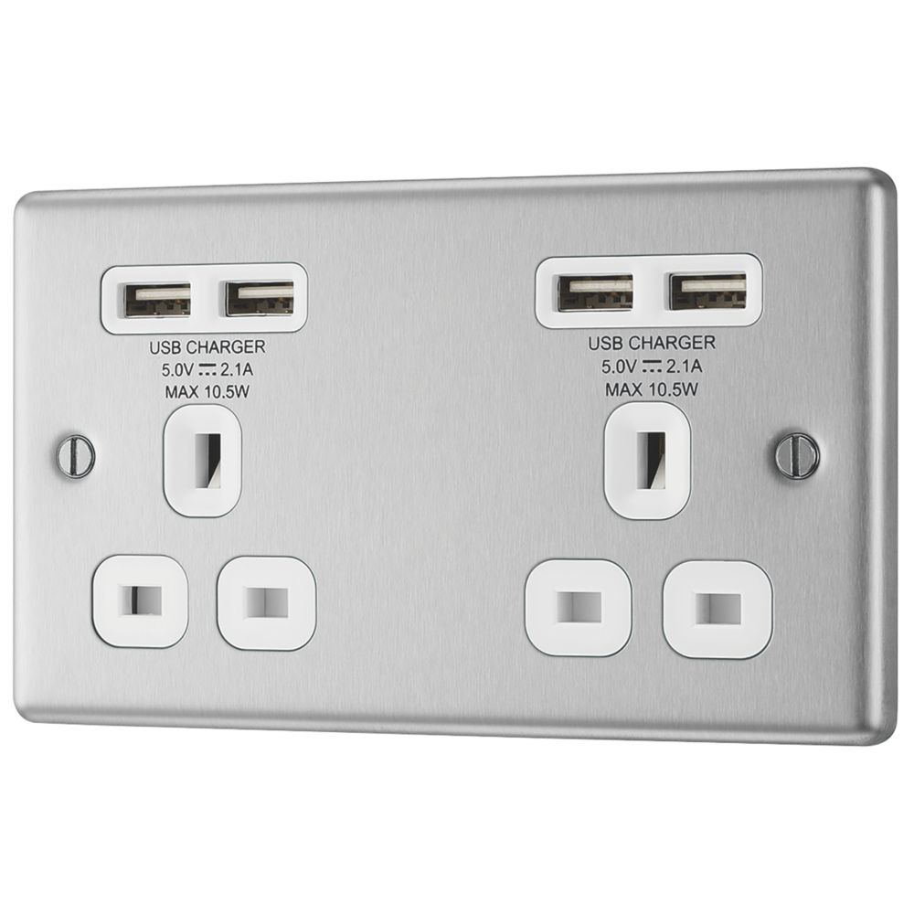 Image of LAP 13A 2-Gang Unswitched Socket + 4.2A 4-Outlet Type A USB Charger Brushed Stainless Steel with White Inserts 