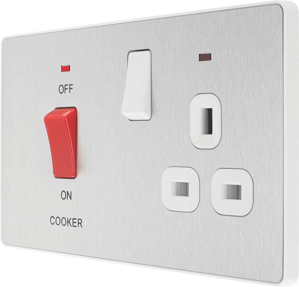 Image of British General Evolve 45A 2-Gang 2-Pole Cooker Switch & 13A DP Switched Socket Brushed Steel with LED with White Inserts 