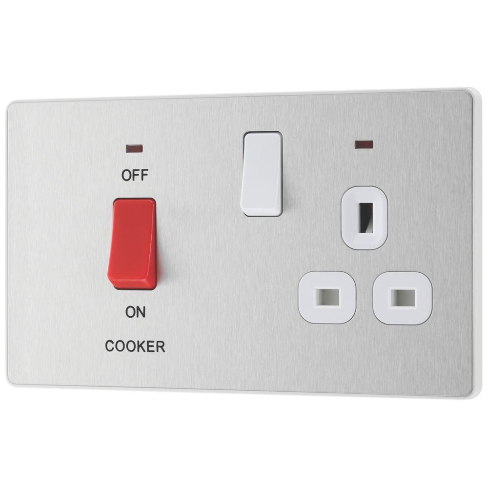 Image of British General Evolve 45A 2-Gang 2-Pole Cooker Switch & 13A DP Switched Socket Brushed Steel with LED with White Inserts 