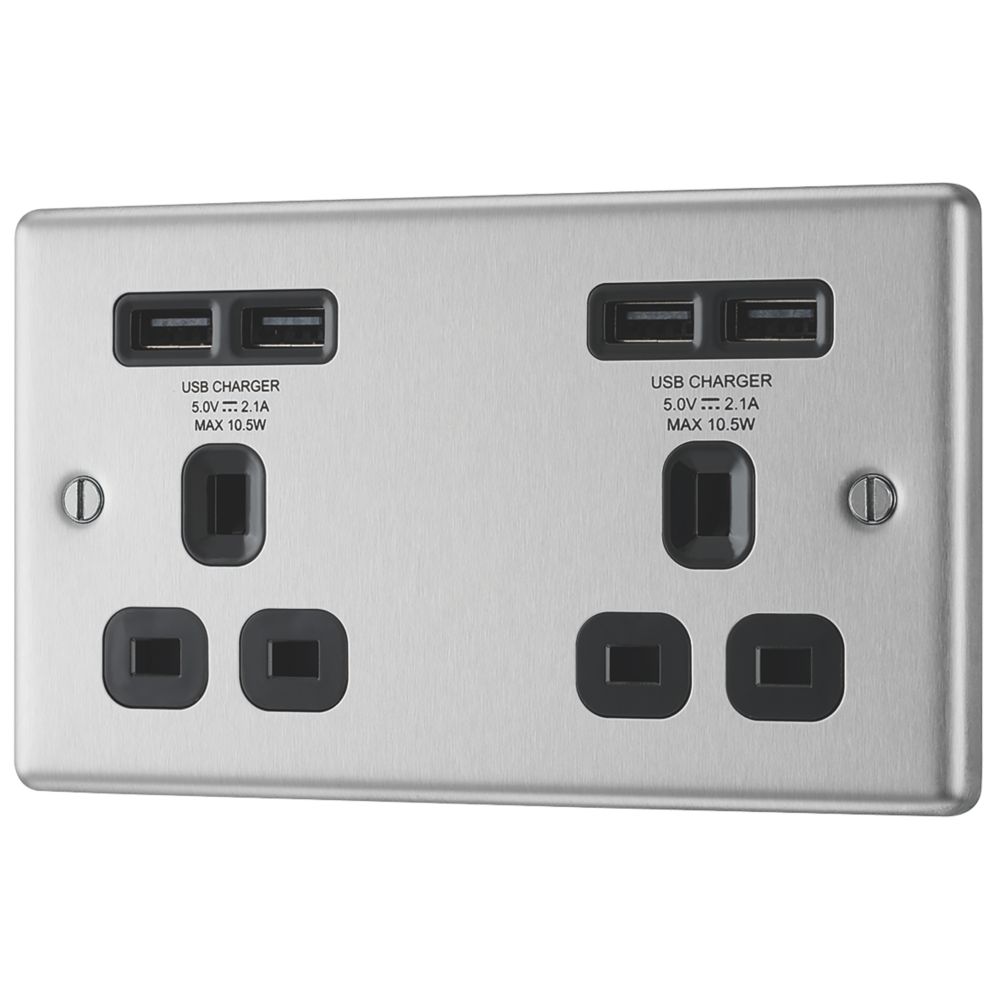 Image of LAP 13A 2-Gang Unswitched Socket + 4.2A 4-Outlet Type A USB Charger Brushed Stainless Steel with Black Inserts 