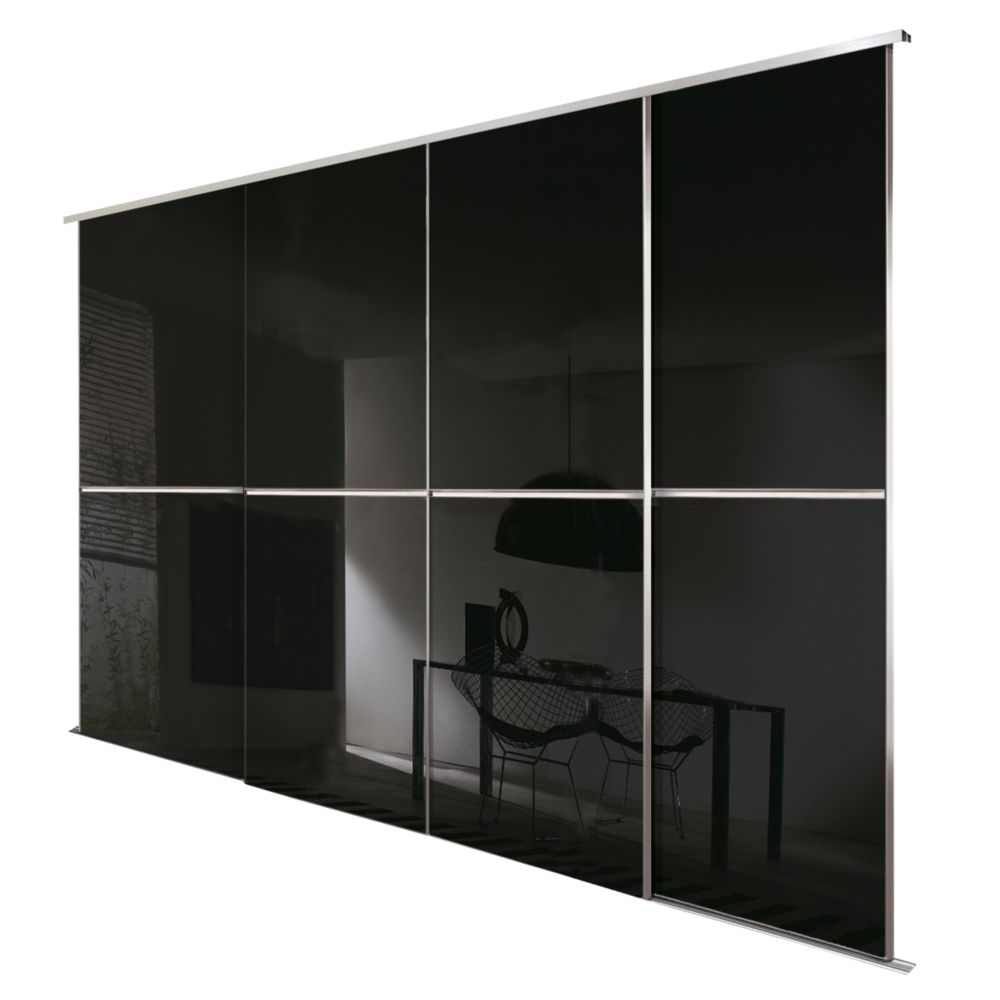 Image of Spacepro Minimalist 4-Door Sliding Wardrobe Door Kit Silver Frame Black Glass Panel 3024mm x 2260mm 
