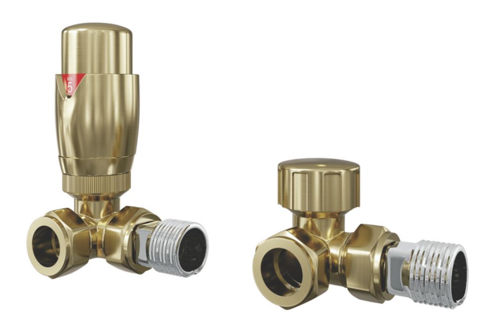 Image of ETAL Danva Brushed Brass Corner Thermostatic TRV & Lockshield 15mm x 1/2" 