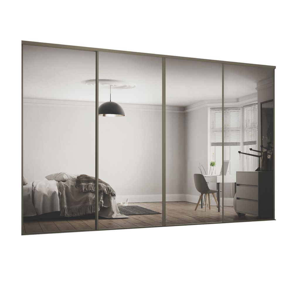 Image of Spacepro Classic 4-Door Sliding Wardrobe Door Kit Nickel Frame Mirror Panel 3586mm x 2260mm 