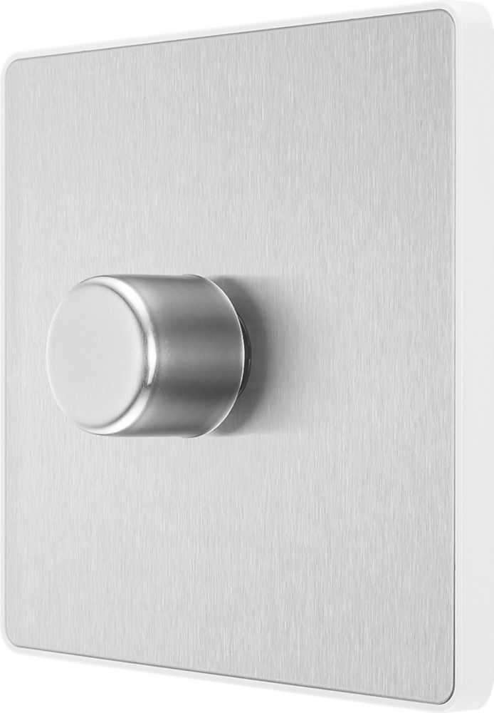 Image of British General Evolve 1-Gang 2-Way LED Trailing Edge Single Push Dimmer Switch with Rotary Control Brushed Steel with White Inserts 