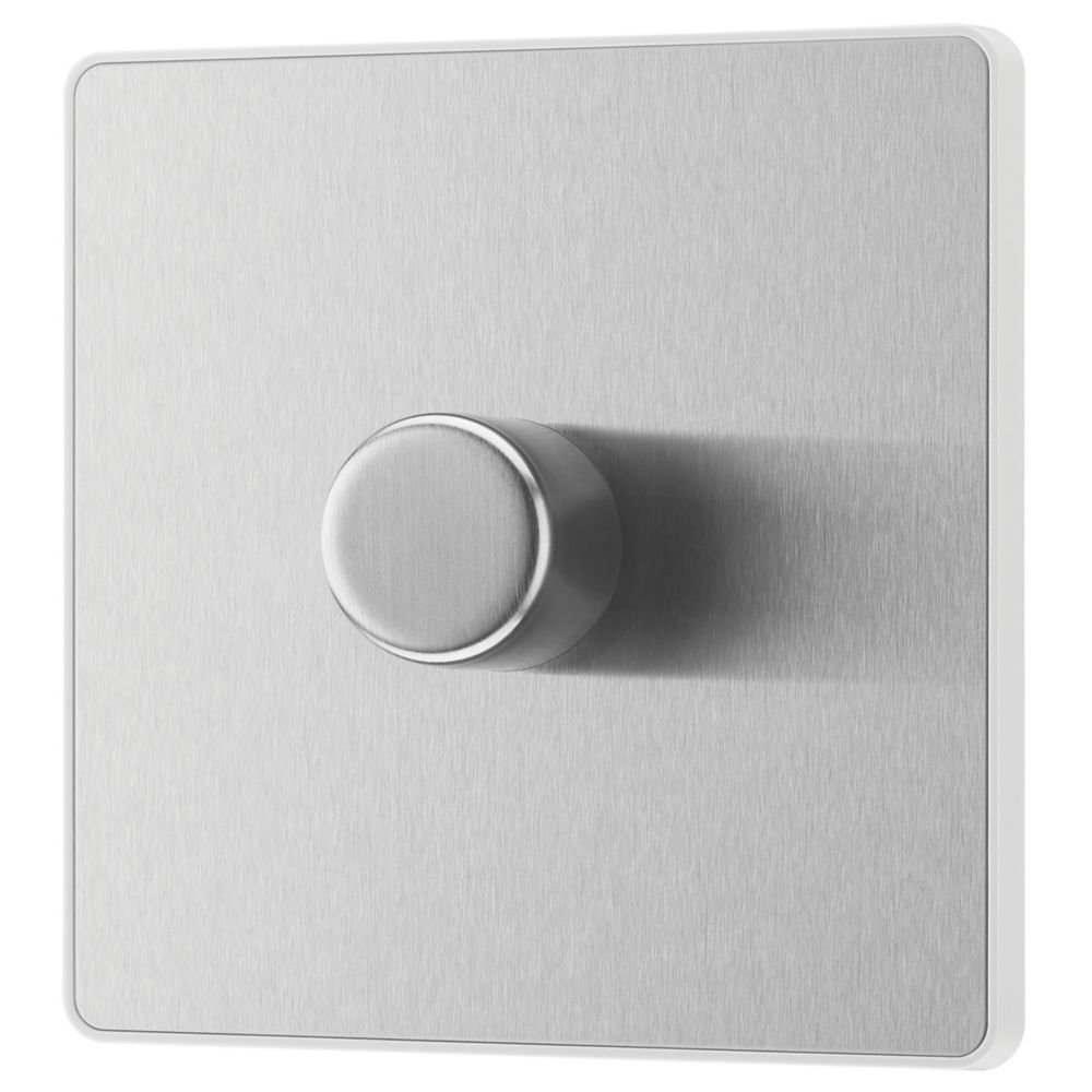Image of British General Evolve 1-Gang 2-Way LED Trailing Edge Single Push Dimmer Switch with Rotary Control Brushed Steel with White Inserts 