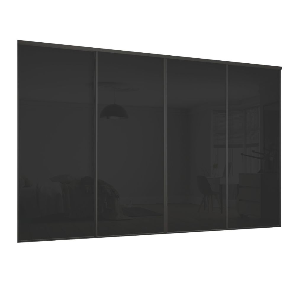 Image of Spacepro Classic 4-Door Framed Glass Sliding Wardrobe Doors Black Frame Black Panel 2978mm x 2260mm 