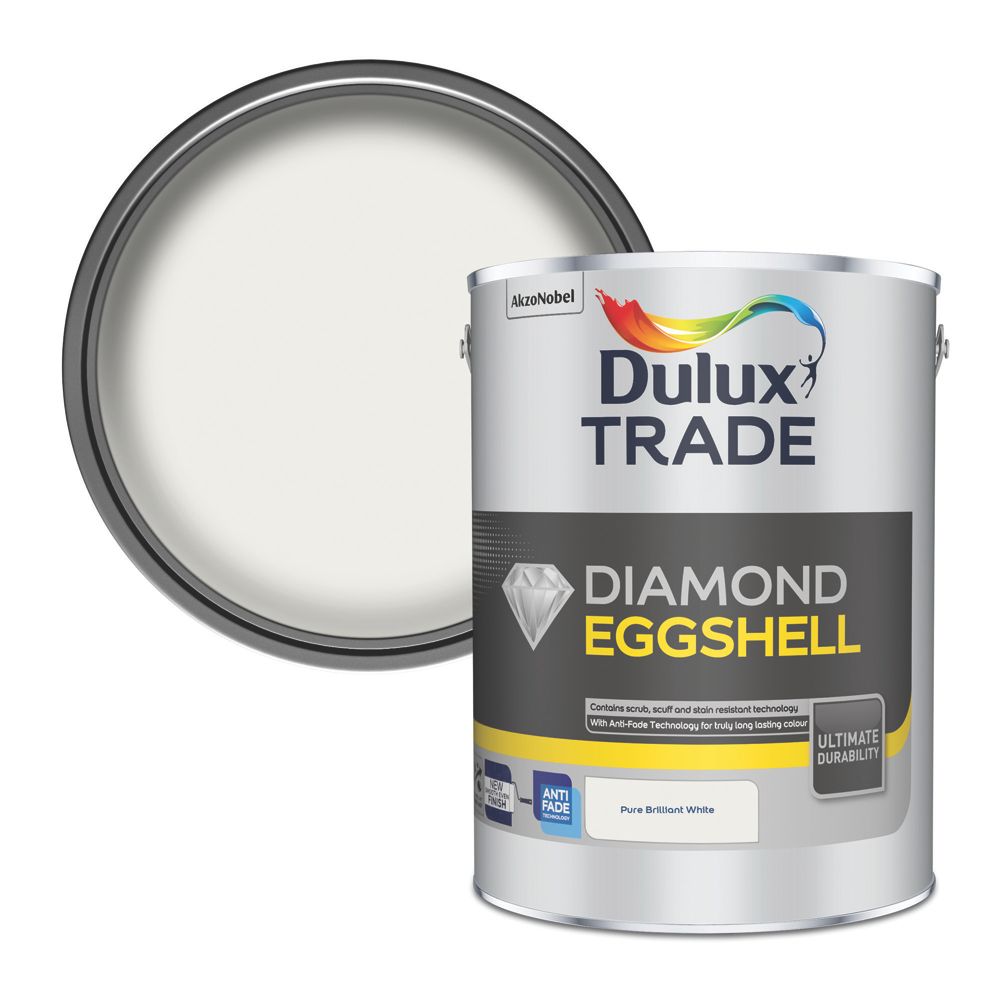 Image of Dulux Trade Diamond Eggshell Pure Brilliant White Trim Diamond Quick-Drying Paint 5Ltr 