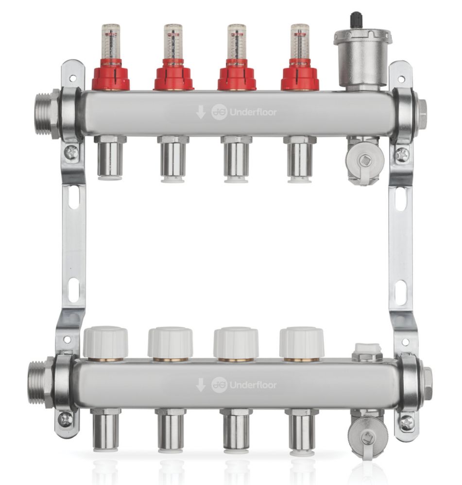 Image of JG Underfloor 4 Port LowFit Underfloor Heating Manifold Brushed Steel 