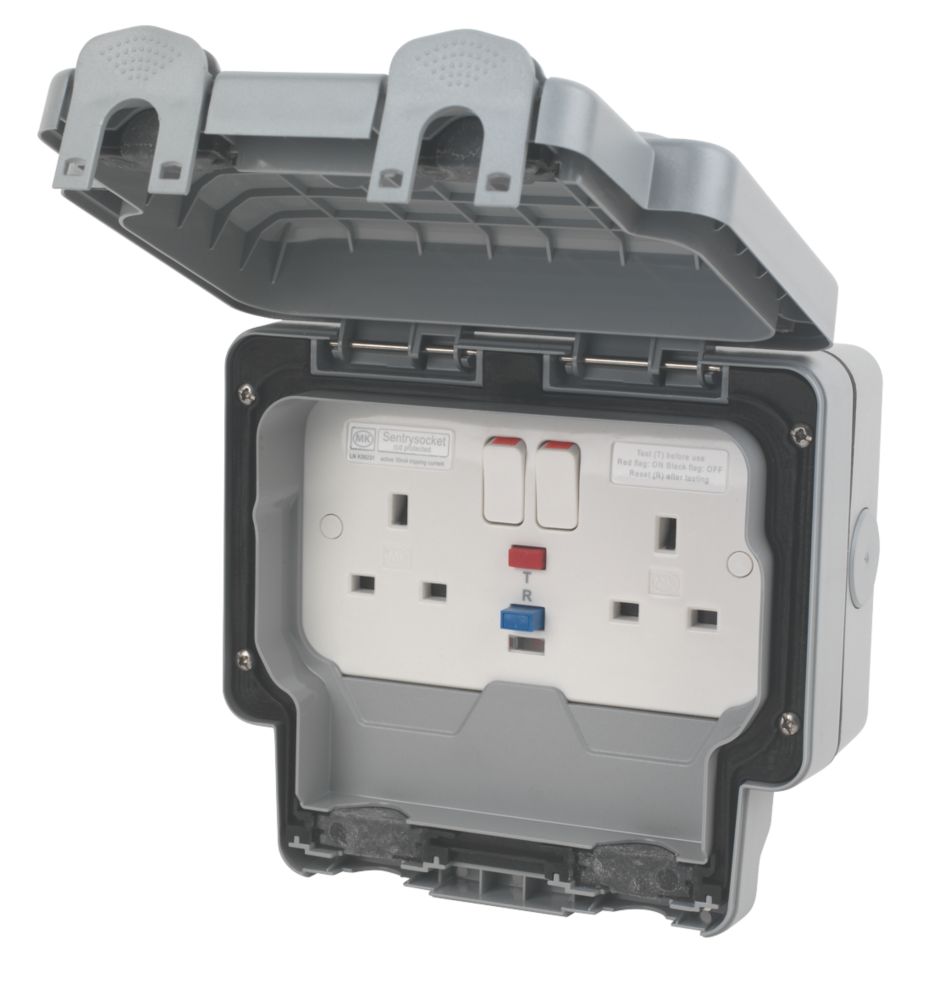 Image of MK Masterseal Plus IP66 13A 2-Gang DP Weatherproof Outdoor Switched Active RCD Socket 