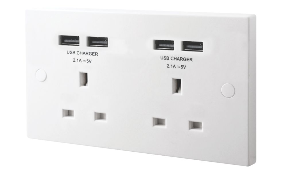 Image of British General 900 Series 13A 2-Gang Unswitched Socket + 4.2A 4-Outlet Type A USB Charger White 