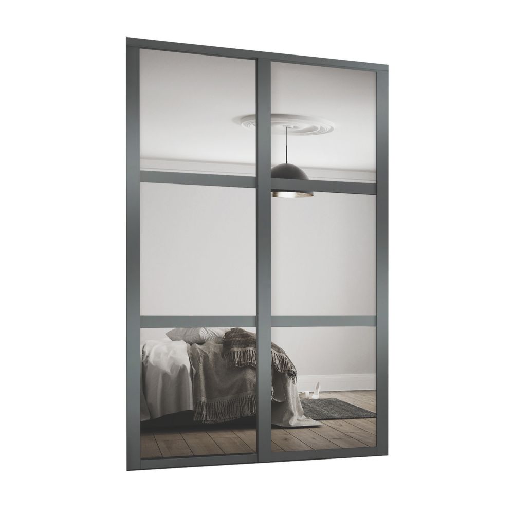 Image of Spacepro Shaker 2-Door Sliding Wardrobe Door Kit Graphite Frame Mirror Panel 1489mm x 2260mm 