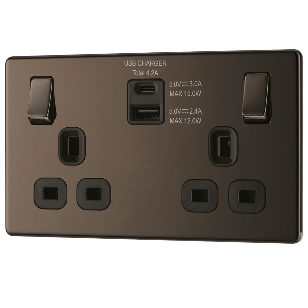 Image of LAP 13A 2-Gang DP Switched Socket + 4.2A 2-Outlet Type A & C USB Charger Black Nickel with Black Inserts 
