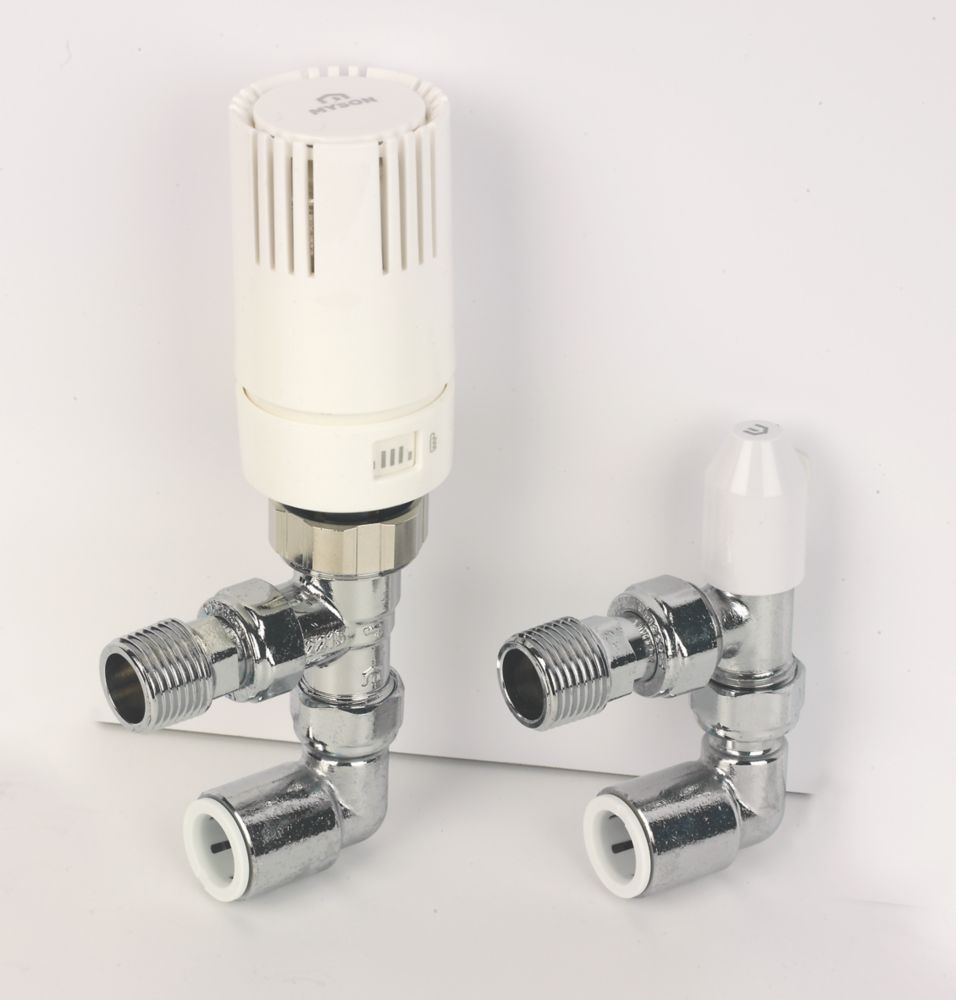 Image of Myson TRV2PAK White Angled Thermostatic Push-Fit TRV & Matchmate Lockshield with 90Â° Elbow 15mm x 1/2" 
