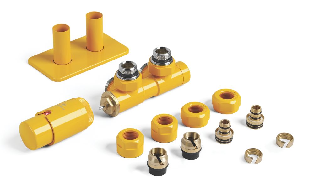 Image of Terma Twins All-in-One Integrated Mustard Angled Thermostatic TRV, Lockshield & Pipe Masking Set L/S 1/2" x 15mm 