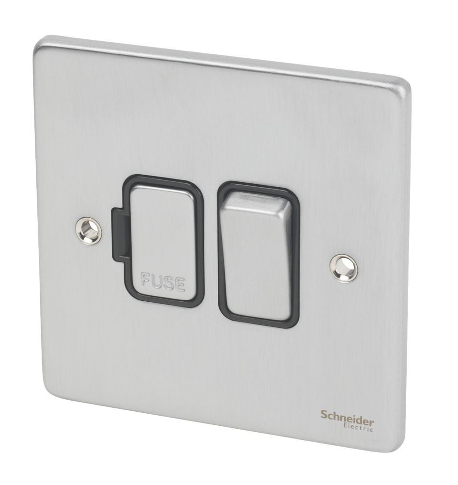 Image of Schneider Electric Ultimate Low Profile 13A Switched Fused Spur Brushed Chrome with Black Inserts 