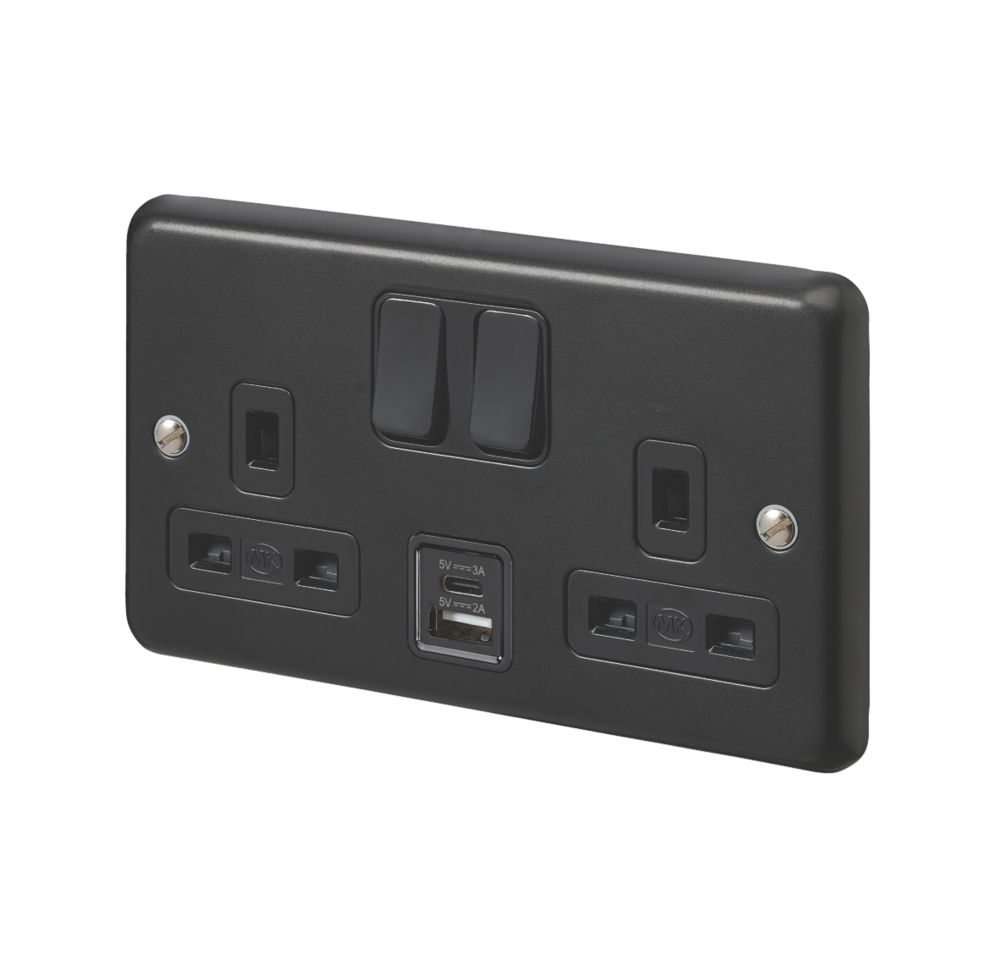 Image of MK Contoura 13A 2-Gang DP Switched Socket + 3A 2-Outlet Type A & C USB Charger Black with Colour-Matched Inserts 