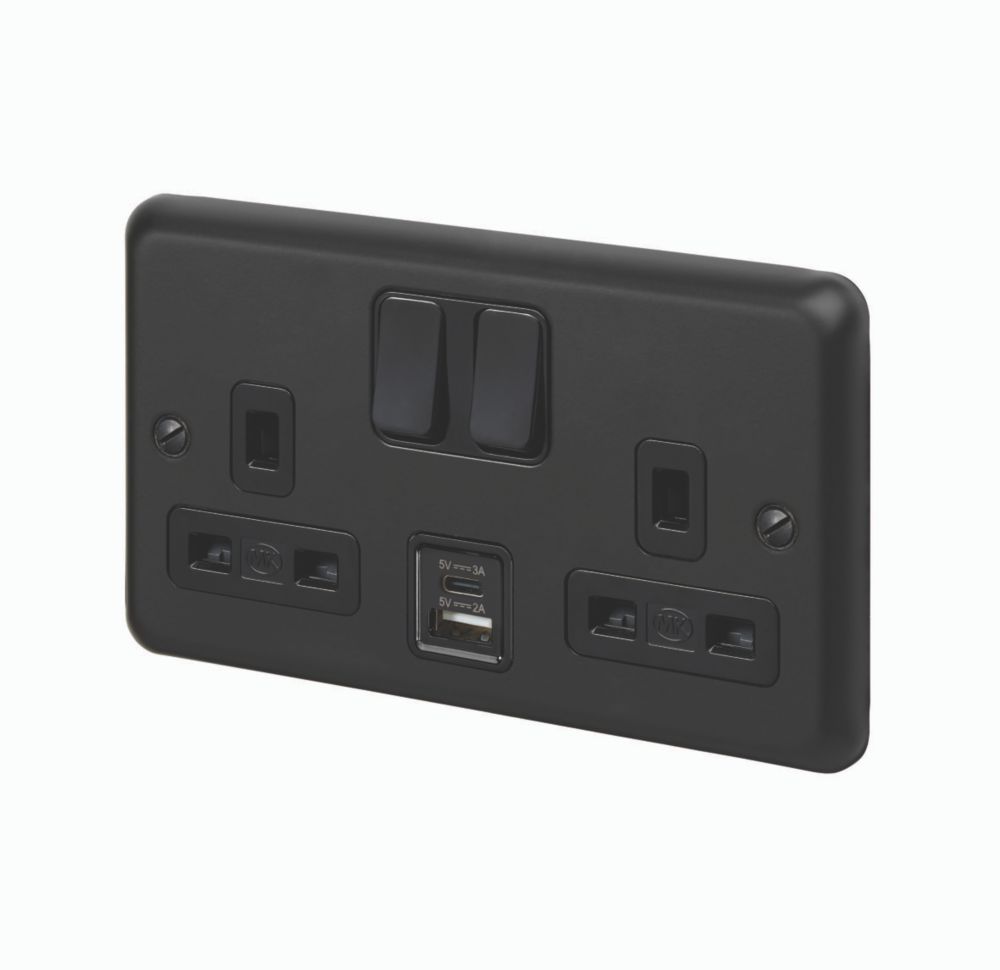 Image of MK Contoura 13A 2-Gang DP Switched Socket + 3A 2-Outlet Type A & C USB Charger Black with Colour-Matched Inserts 