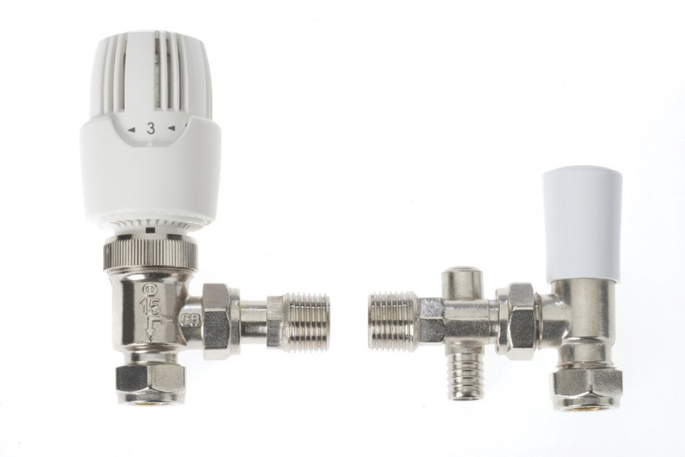 Image of Drayton RT414 White Angled Thermostatic Angled TRV & DOTP Lockshield 15mm x 1/2" 