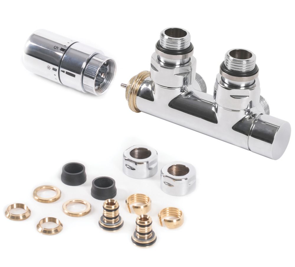 Image of Terma Chrome Angled 50mm Thermostatic H-Block Radiator Valve 15mm x 1/2" 