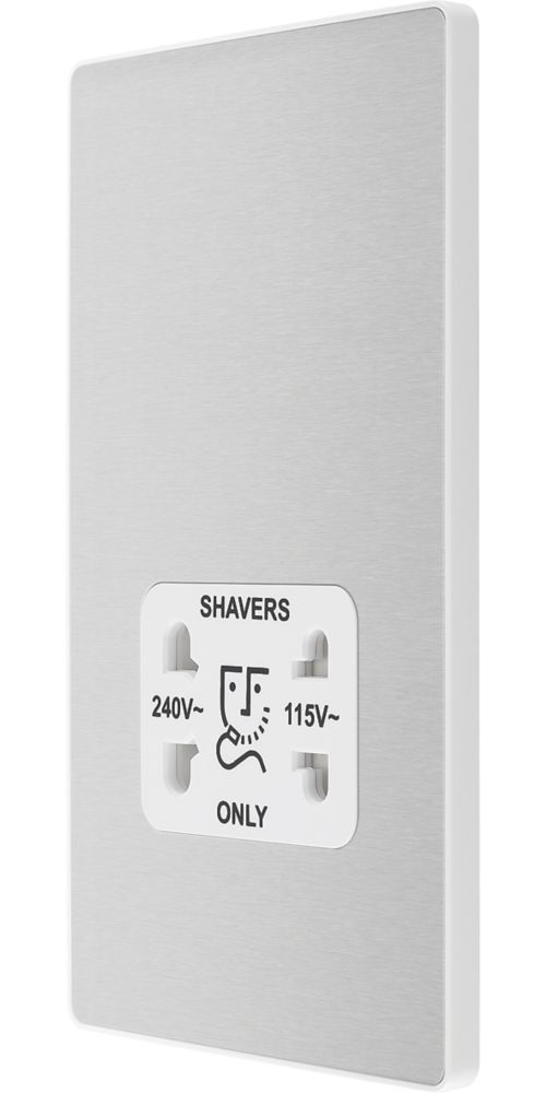 Image of British General Evolve 2-Gang Dual Voltage Shaver Socket 115/240V Brushed Steel with White Inserts 