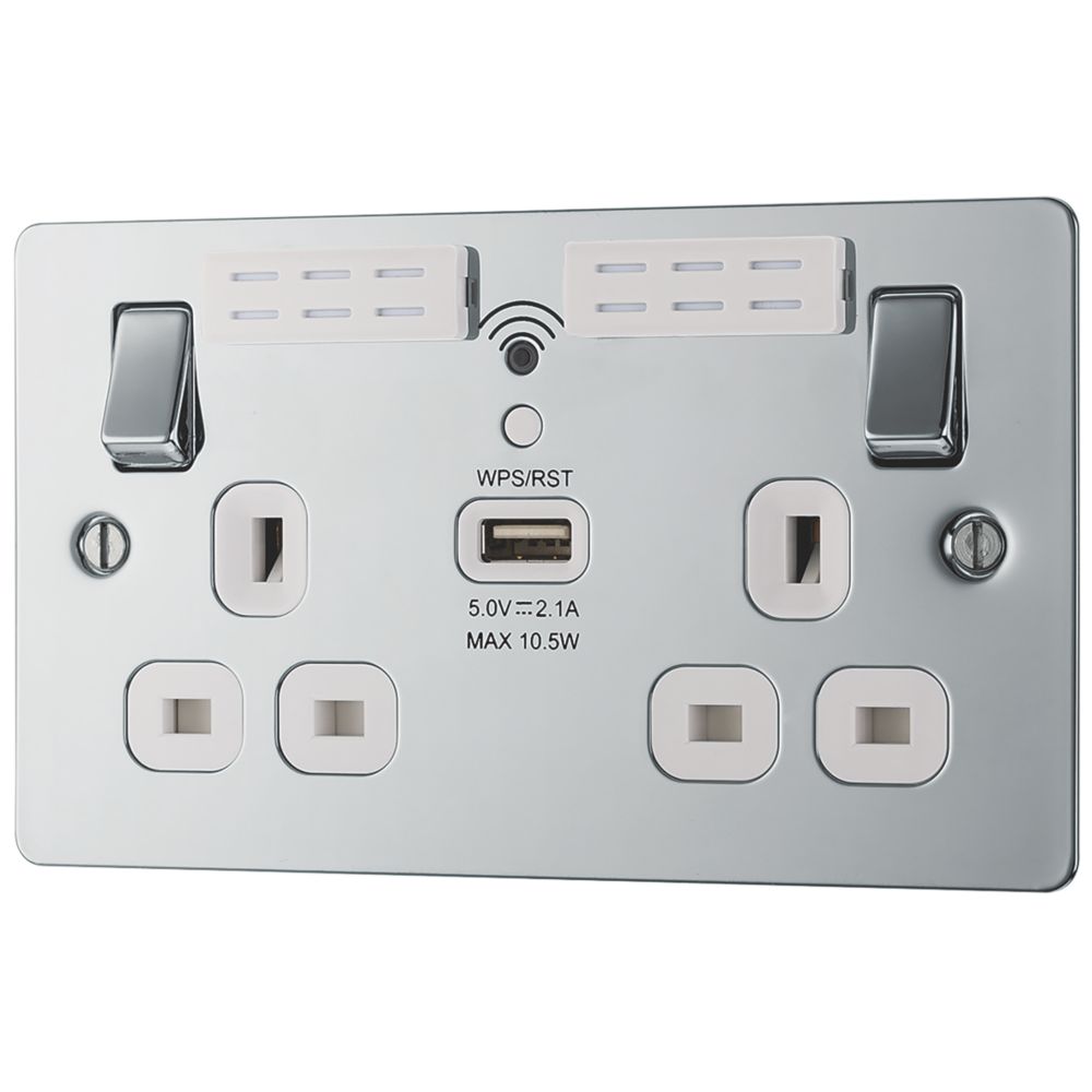 Image of LAP 13A 2-Gang SP Switched Wi-Fi Extender Socket + 2.1A 1-Outlet Type A USB Charger Polished Chrome with White Inserts 