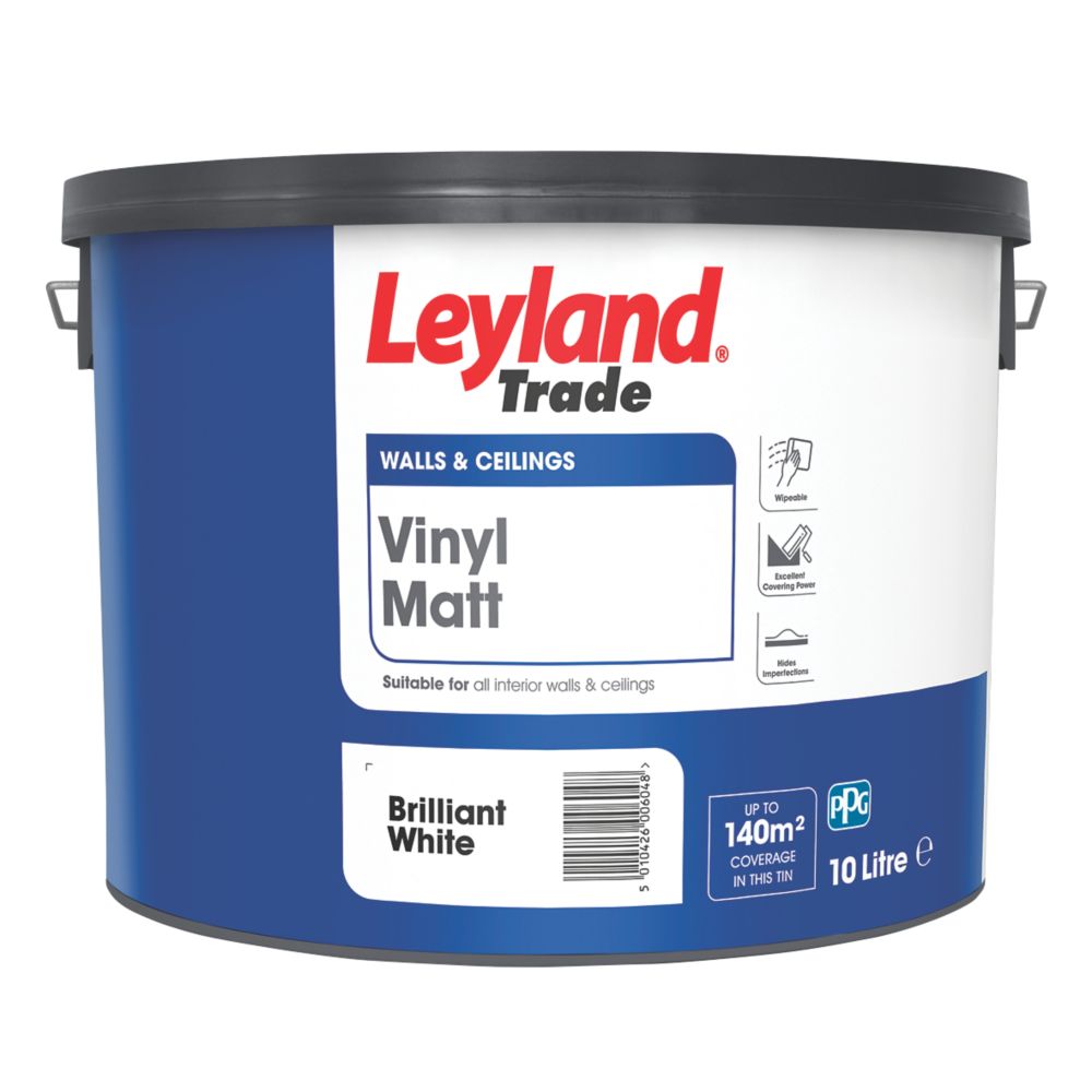 Image of Leyland Trade Vinyl Matt Brilliant White Emulsion Paint 10Ltr 