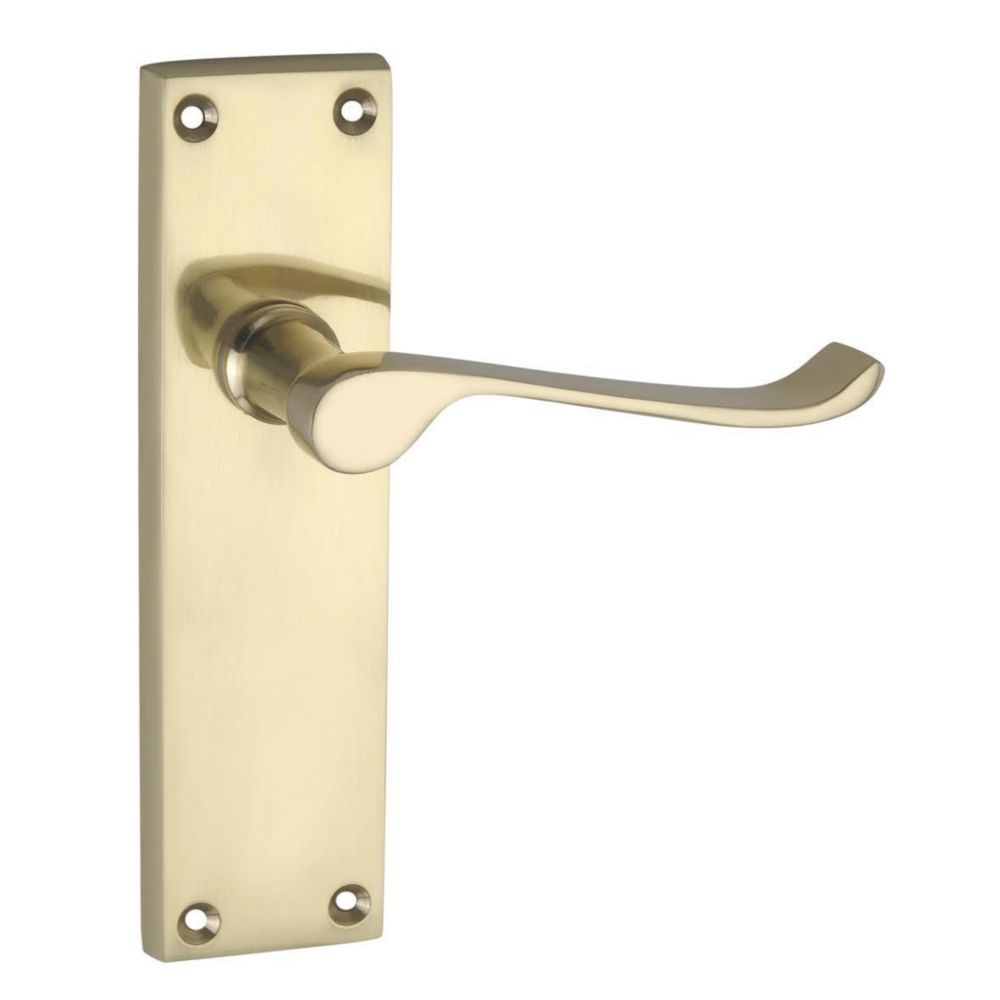 Image of Smith & Locke Long Victorian Scroll Fire Rated Latch Door Handles Pair Polished Brass 