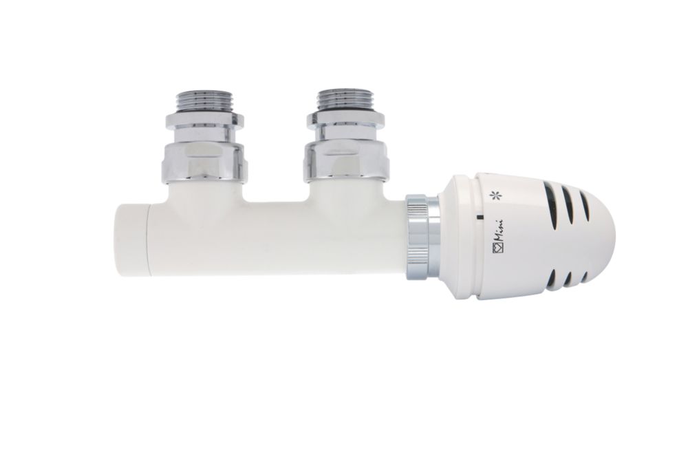 Image of Ximax Design White Angled 50mm Thermostatic Centre Radiator Valve 15mm x 1/2" 