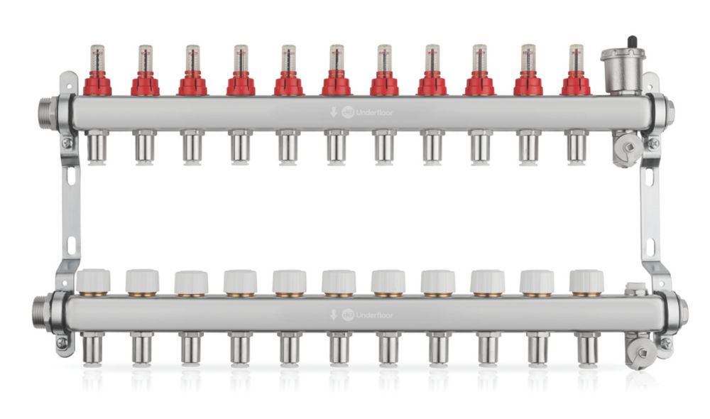 Image of JG Underfloor 11 Port LowFit Underfloor Heating Manifold Brushed Steel 