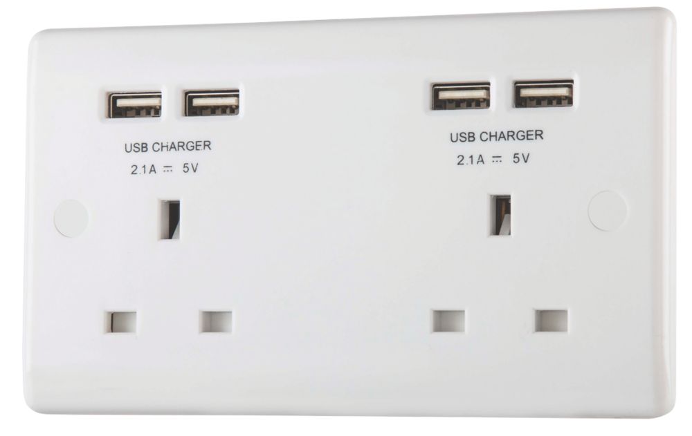 Image of British General 800 Series 13A 2-Gang Unswitched Socket + 4.2A 4-Outlet Type A USB Charger White 
