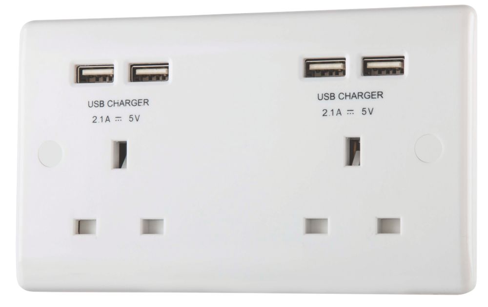 Image of British General 800 Series 13A 2-Gang Unswitched Socket + 4.2A 4-Outlet Type A USB Charger White 