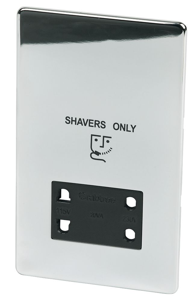 Image of Crabtree Platinum 2-Gang Dual Voltage Shaver Socket 115 / 230V Polished Chrome with Black Inserts 