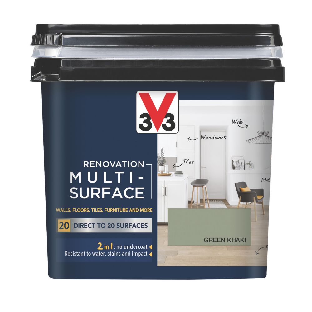Image of V33 Satin Green Khaki Acrylic Renovation Multi-Surface Paint 750ml 