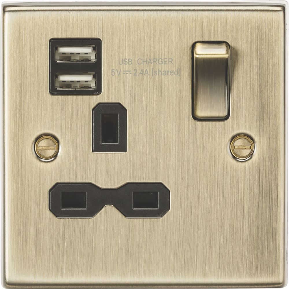 Image of Knightsbridge 13A 1-Gang SP Switched Socket + 2.4A 2-Outlet Type A USB Charger Antique Brass with Black Inserts 